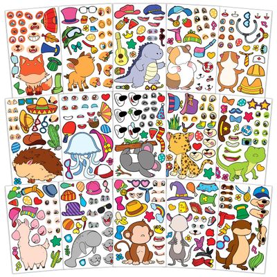15 Sheets Make Your Own Animal Stickers for Kids Girls Boys Toddlers Face Decal Set Pack Custom Waterproof Decals Party Favors Craft Sticker Books Supplies Decoration Creativity