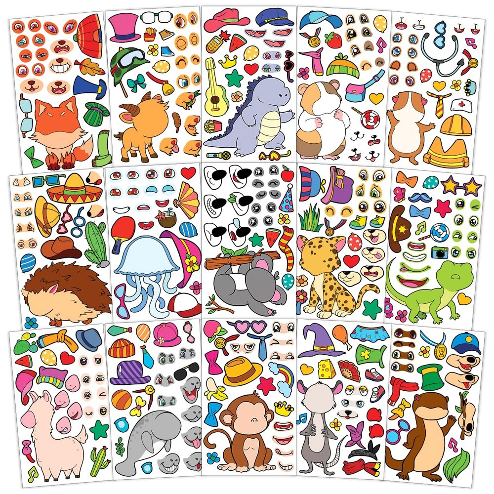 15 Sheets Make Your Own Animal Stickers for Kids Girls Boys Toddlers Face Decal Set Pack Custom Waterproof Decals Party Favors Craft Sticker Books Supplies Decoration Creativity