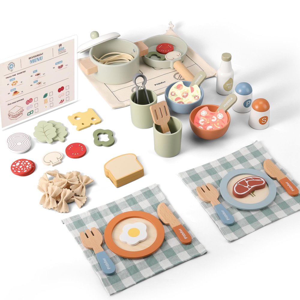 Pithfor Wooden Play Cooking Set, Pretend Play Kitchen Accessories Toys Set for Kids Toddlers, Including Play Dishes, Pot and Pan, Utensils, Gifts for 3 4 5 Years Old Girls Boys