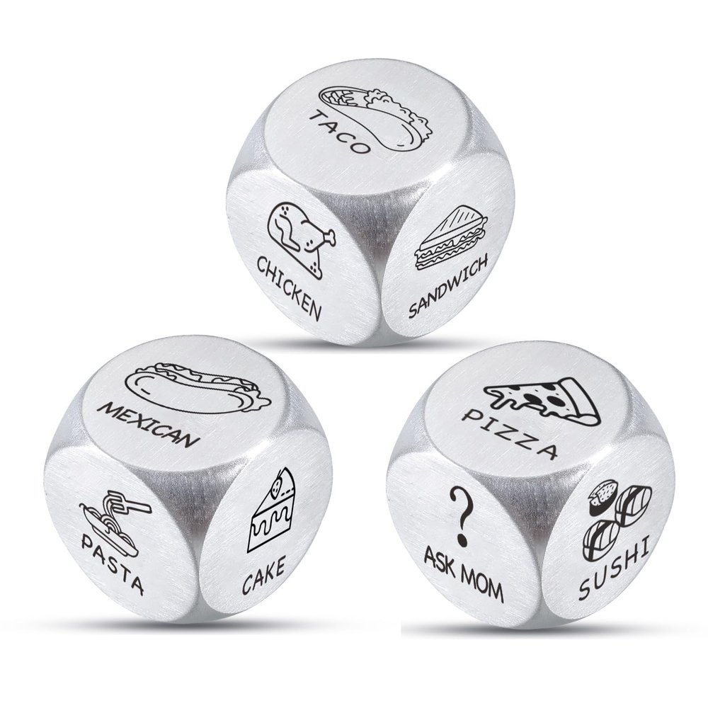 3PCS Food Decision Dice for Couple Valentines Gifts for Him Her Boyfriend Girlfriend Anniversary Steel Gifts for Couple Husband Wife Christmas Stocking Stuffers White Elephant