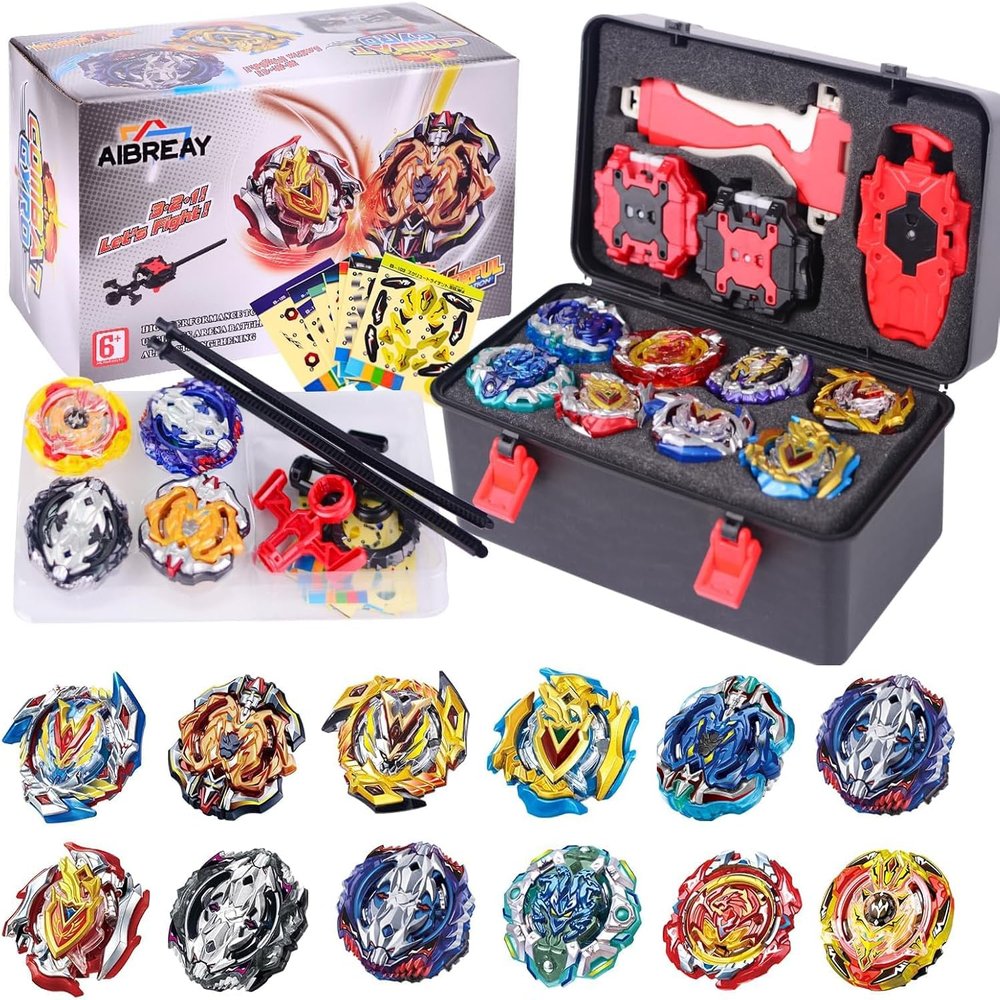 AIBREAY Battling Top Burst Gyro Toy Set 12 Spinning Tops 3 Launchers 1 Grip Toy Combat Battling Game with Portable Storage Box Gift for Kids Children Boy and Girl Ages 6+