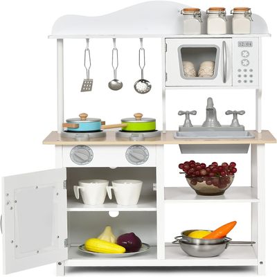 Costzon Kids Kitchen Playset, Wooden Pretend Toy Kitchen Set with Sink, Oven, Microwave, Stove, Pots, Utensils, Play Kitchen for Kids Toddlers, Gift for Boys Girls