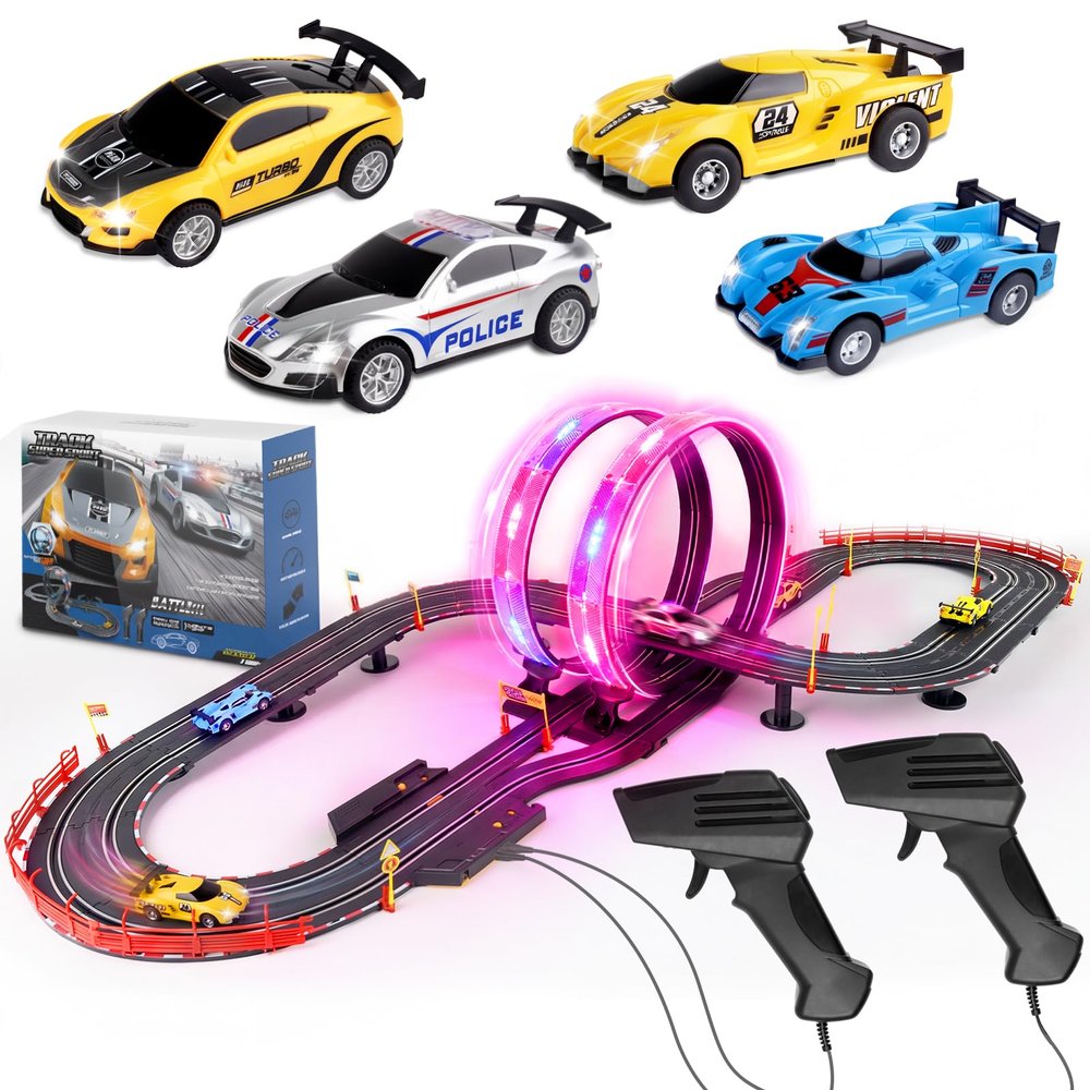 Slot Car Race Track Set, 19ft Electric Track with LED Lights and 4 Slot Cars, 2 Hand Controllers and Racing Game Lap Counters, Set Features Loop, Turns, and Crossover for Boys Age 6-12