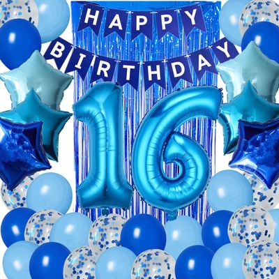 16th Birthday Decorations for Boys Blue 16th Sixteen Happy Birthday Banner Supplies Number 16 Balloons Fringe Curtain 16 Years Old Bday Party Supplies Kit for Him Her Girls (Blue)