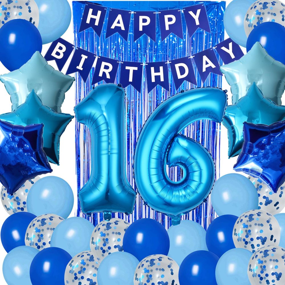 16th Birthday Decorations for Boys Blue 16th Sixteen Happy Birthday Banner Supplies Number 16 Balloons Fringe Curtain 16 Years Old Bday Party Supplies Kit for Him Her Girls (Blue)