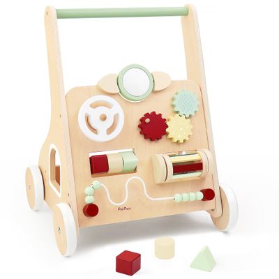 PairPear Wooden Baby Walker with Wheels, Baby Sit-to-Stand Baby Walker & Activity Cart, Montessori Activity Walker Busy Board for Baby Boys Girls 12m+(Sage Green)