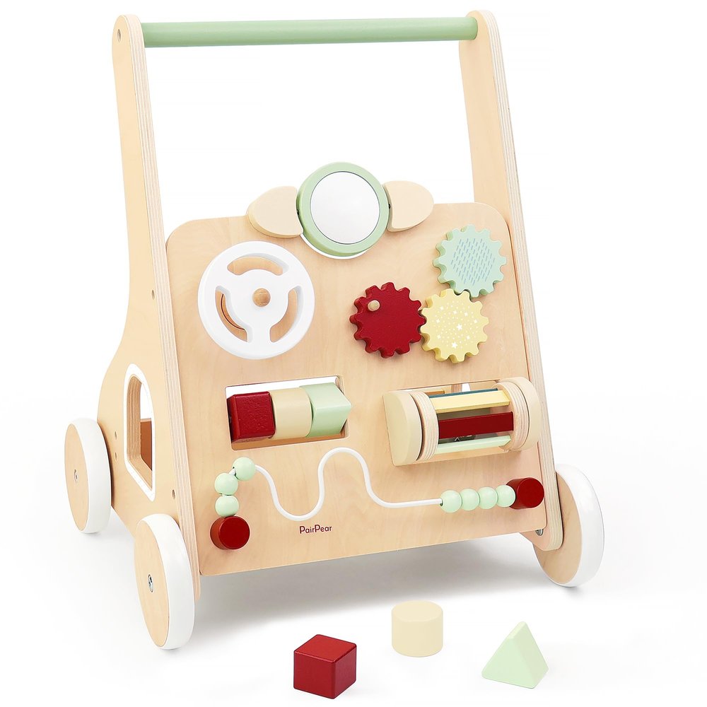 PairPear Wooden Baby Walker with Wheels, Baby Sit-to-Stand Baby Walker & Activity Cart, Montessori Activity Walker Busy Board for Baby Boys Girls 12m+(Sage Green)