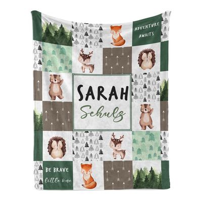 Manerly Custom Baby Blanket with Name, Woodland Animal Blanket for Girls Boy, Personalized Name Throw Blanket for Kids Nursery New Mom, Customized Gift for Birthday Chrismas Halloween, 60"x80"