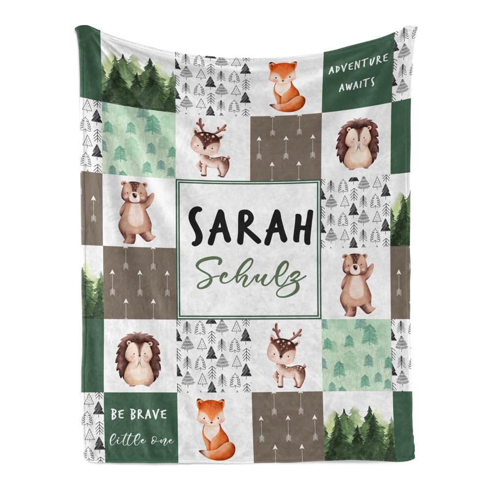 Manerly Custom Baby Blanket with Name, Woodland Animal Blanket for Girls Boy, Personalized Name Throw Blanket for Kids Nursery New Mom, Customized Gift for Birthday Chrismas Halloween, 60"x80"