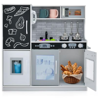 Costzon Kids Kitchen Playset, Wooden Pretend Cooking Toy Set w/Realistic Sound, Large Blackboard, Telephone, Microwave, Ice Maker, Dishwasher, Oven, Storage Space, Play Kitchen for Kids Ages 3+ (Grey)