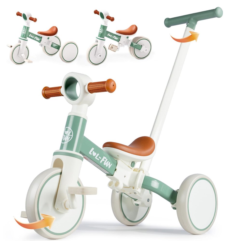 LOL-FUN 5 in 1 Toddler Tricycles for 1-3 Year Olds Boys Girls Toy, Baby Balance Bike 1 Year Old Kids Gift with Parent Steering Push Handle