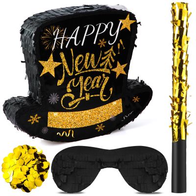 Poen 2026 New Year Piata Black Top Hat Piata with Stick and Blindfold Confetti Happy New Years Eve Party Supplies Decorations Large Piata for Adults Game Party Supplies 14.96 x 12.4 x 2.95 in