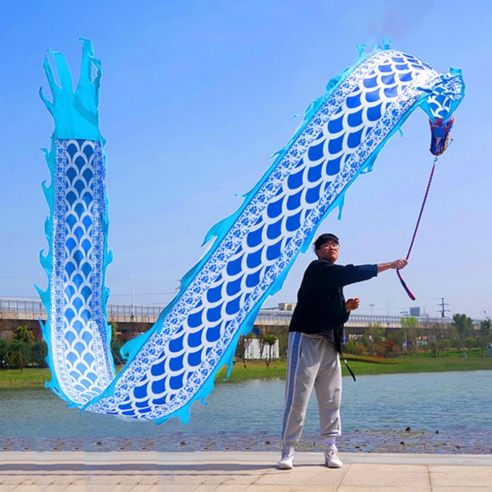 CMYUN Dragon Poi 3D Blue Dragon Poi Kite Outdoor - Chinese Style Dragon Poi Ribbon with Head, Dragon Dance Exercise Streamer for Park Yard Party, 6/8/10m Long (Size : Length - 6m/19.5ft)