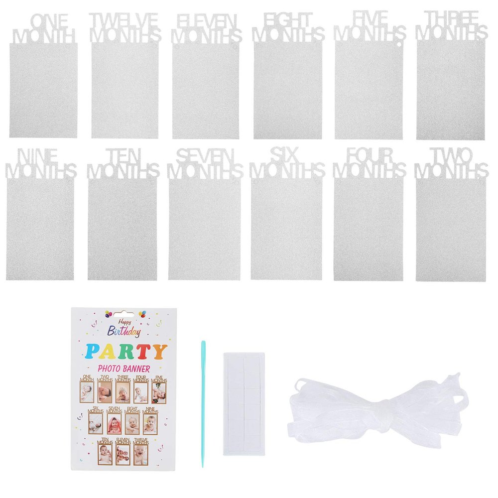 1st Birthday Photo Banner for Newborn to 12 Months, Monthly Milestone Photograph Bunting Garland, First Birthday Photo Banner for Birthday Celebration Decoration, DIY Props (Silver)