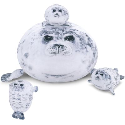 Achwishap 19.6 Seal Stuffed Animal Mommy with 3 Seal Baby Plush Toy,4pcs Seal Plush Pillow,Cute Plushie Seals Hugging Pillow Cuddle Plushie for Kids Girls Boys Birthday Gifts(Seals Family)