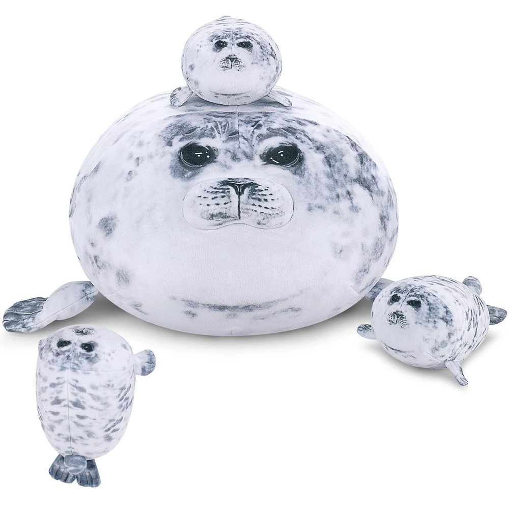 Achwishap 19.6 Seal Stuffed Animal Mommy with 3 Seal Baby Plush Toy,4pcs Seal Plush Pillow,Cute Plushie Seals Hugging Pillow Cuddle Plushie for Kids Girls Boys Birthday Gifts(Seals Family)