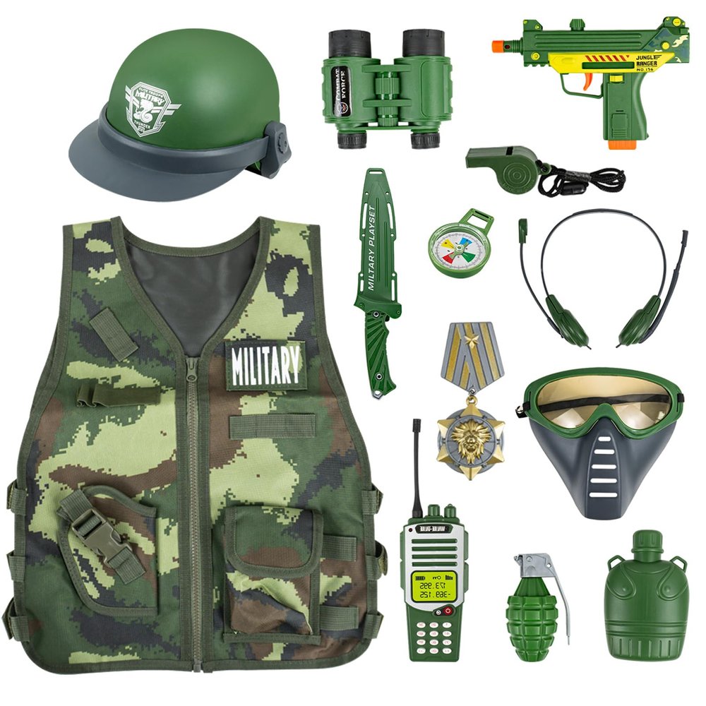 13 Pcs Army Costume for Boys 6-8 3-5, Kids Army Toys Costume Vest, Military Toys for Kids, Soldier Role Play Toddler Dress Up Clothes with Toy Gun Set and Accessories,Halloween Costumes for Kid