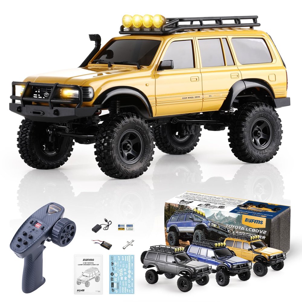 BEEZRC FMS RC Crawler 1/18 FCX18 Land Cruiser LC80 RTR Toyota Licensed 4WD RC Rock Truck 2.4Ghz 900mAh Hobby Grade RC Car Model Mini Remote Control Car Off Road Vehicle FMS11831RTRYL (Yellow)