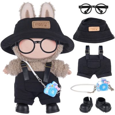 iBayda 17cm Fashion Doll Clothes & Accessories Set Include: Hat, Overall, Shoes, Glasses and Bag- Cute Clothes for Dress up Unique Style (Doll Not Included), Black