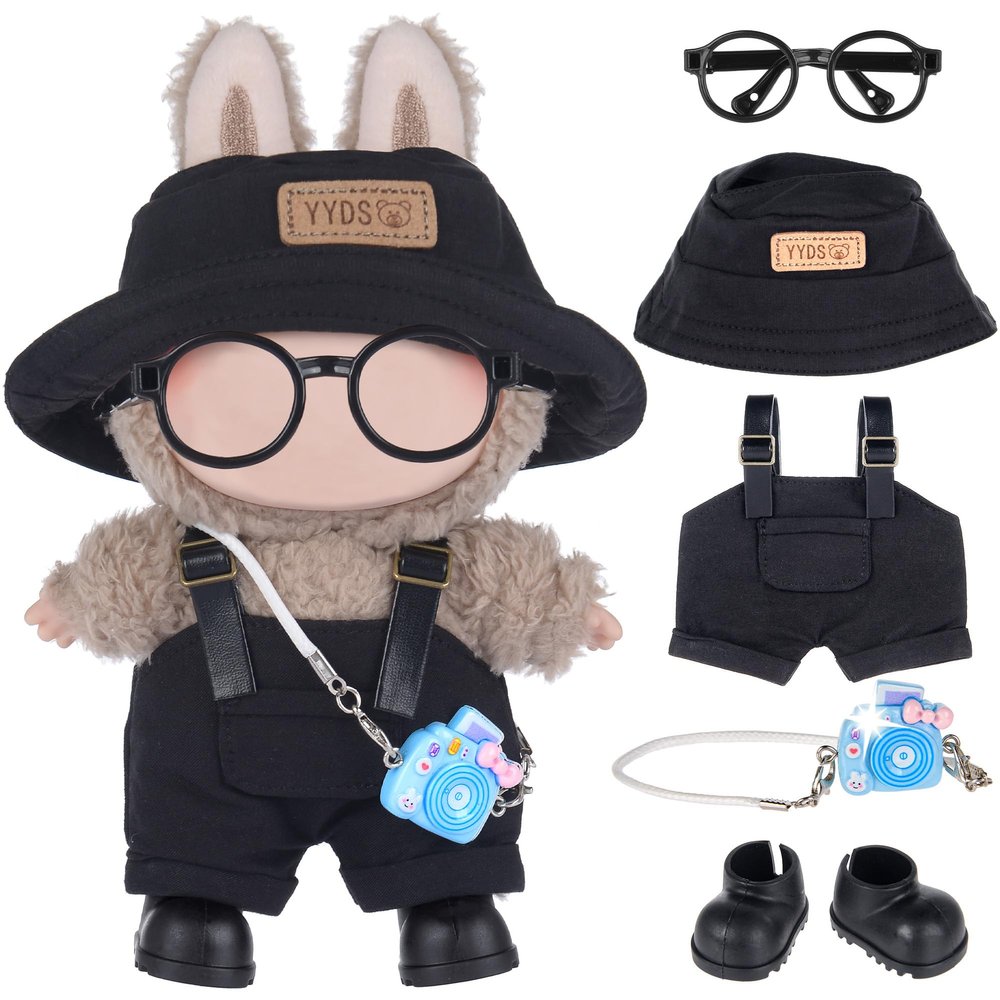 iBayda 17cm Fashion Doll Clothes & Accessories Set Include: Hat, Overall, Shoes, Glasses and Bag- Cute Clothes for Dress up Unique Style (Doll Not Included), Black