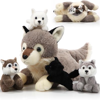 Shappy 5 Pieces Soft Wolf Stuffed Animal Family Set 16 Inch Large Mommy Plush with 4 Small Baby Plushies on Galentines Valentines Day Easter Birthday Exchange Gifts for Kids Boys Girls