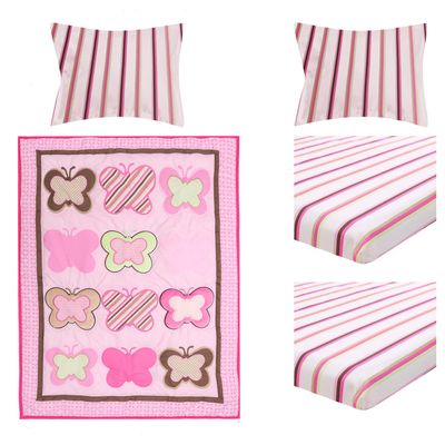 5 PC Butterfly Nursery Crib Bedding Set for Girls Embroidery Floral Butterfly Baby Girl Cot Bedding Set 1 Quilt 2 Fitted Sheet 2 Pillow Case
