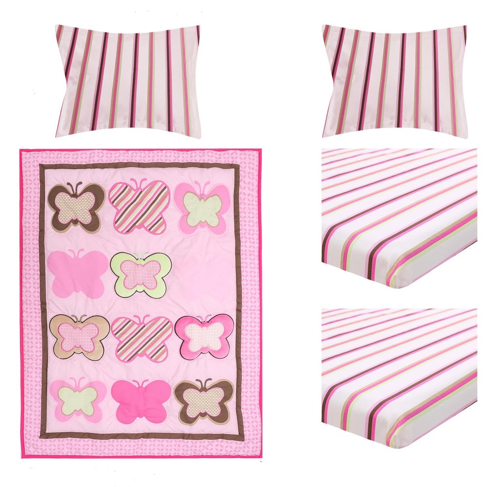 5 PC Butterfly Nursery Crib Bedding Set for Girls Embroidery Floral Butterfly Baby Girl Cot Bedding Set 1 Quilt 2 Fitted Sheet 2 Pillow Case
