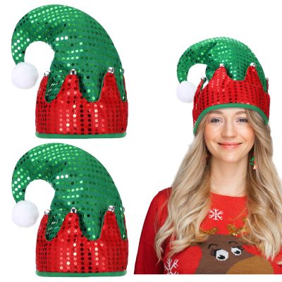 Panitay 3 Pcs Christmas Elf Hat Unisex Felt Sequin Santa Hat with Bells Xmas Glowing Felt Holiday Party Costume