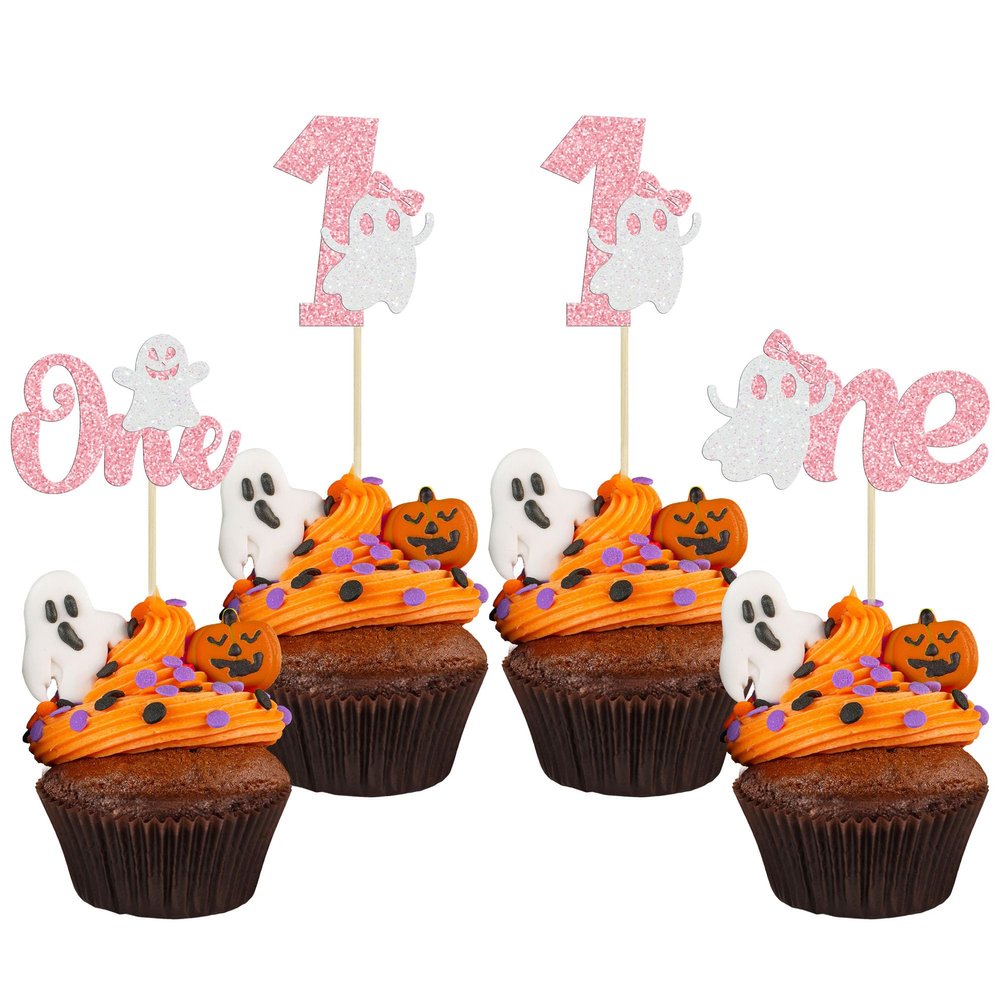Gyufise 24Pcs Ghost One Cupcake Toppers Pink Glitter First Birthday Ghost Spooky One Halloween Cupcake Picks for Halloween Theme Baby Shower Kids 1st Birthday Party Cake Decorations Supplies