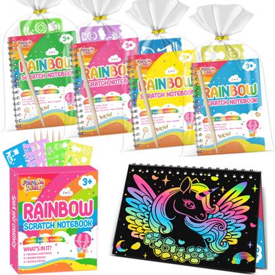 FEREDO KIDS Party Favors for Kids: 4 Pack Rainbow Scratch Art Notebook Students Classroom Gifts Bulk for Girls Boys Goodie Bags Stuffers, Return Gifts for Birthday Party Favors Bulk Kids Crafts