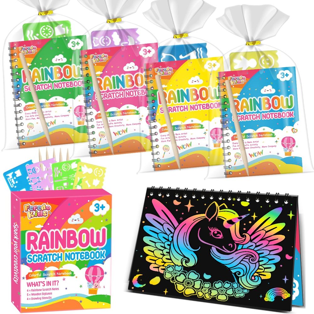 FEREDO KIDS Party Favors for Kids: 4 Pack Rainbow Scratch Art Notebook Students Classroom Gifts Bulk for Girls Boys Goodie Bags Stuffers, Return Gifts for Birthday Party Favors Bulk Kids Crafts