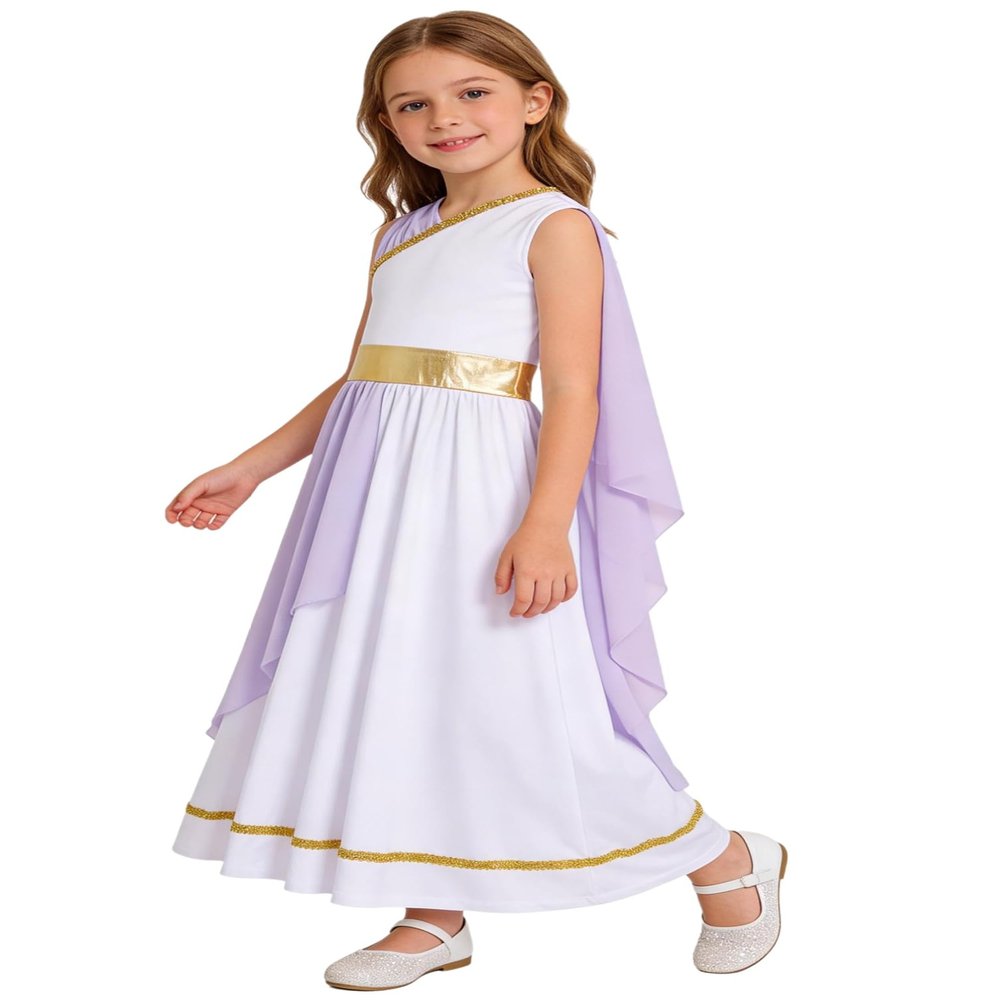 YONGHS Greek Toga Robe for Girls Ancient Greece Dress Up Halloween Princess Pretend Athena Outfits Lavender 12 Years