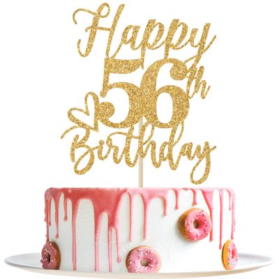 Happy 56th Birthday Cake Topper, 56 Birthday Decorations for Women/Men, Cheers to 56 Years, Hello 56, 56th Happy Birthday Party Decorations Gold Glitter