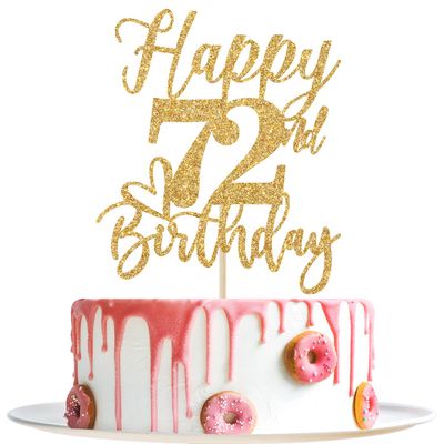 Happy 72nd Birthday Cake Topper, Decorations for Men/Women, Cheers to 72 Years, Hello 72, Party Supplies Gold Glitter