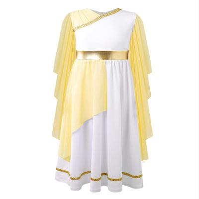 Venjoe Kids Girls Ancient Mythos Greek God Robe Halloween Grecian Roman Flowy Toga Costume Yellow 14 Years