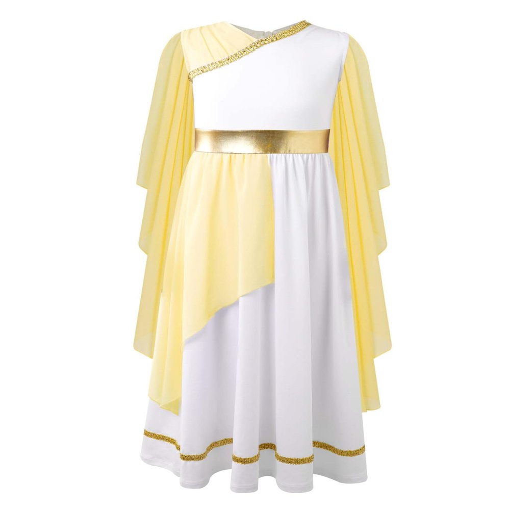 Venjoe Kids Girls Ancient Mythos Greek God Robe Halloween Grecian Roman Flowy Toga Costume Yellow 14 Years