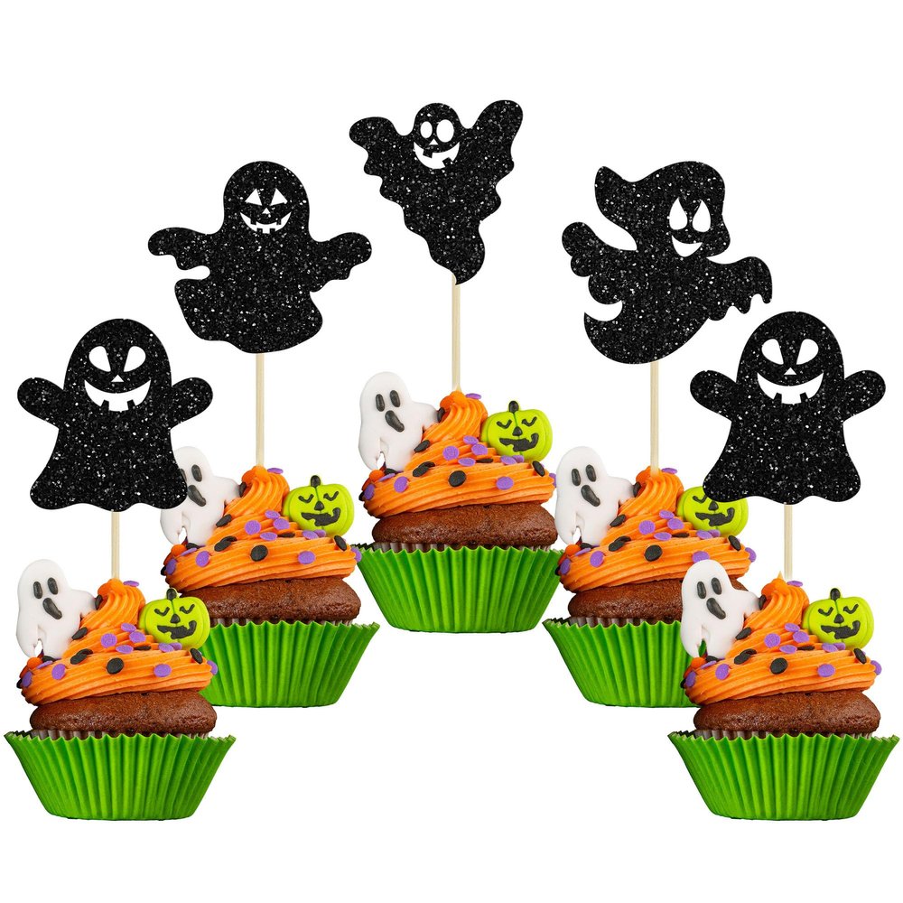 Gyufise 24pcs Halloween Ghost Cupcake Toppers - Black Glitter, Baby Shower & Gender Reveal Decorations