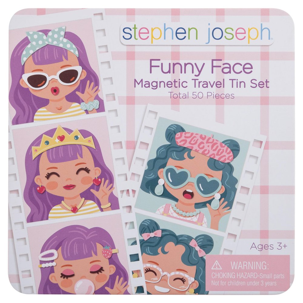 Stephen Joseph, Funny Faces 50 pc Magnetic Travel Play Set Fun Game for Families, Ideal for Ages 3+ Travel Game for Kids with Travel Tin, Girl