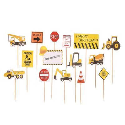 15 pcs Construction Themed Cupcake Toppers Dump Truck Tractor Excavator Car Construction Sign Decorations for Birthday Party Supplies