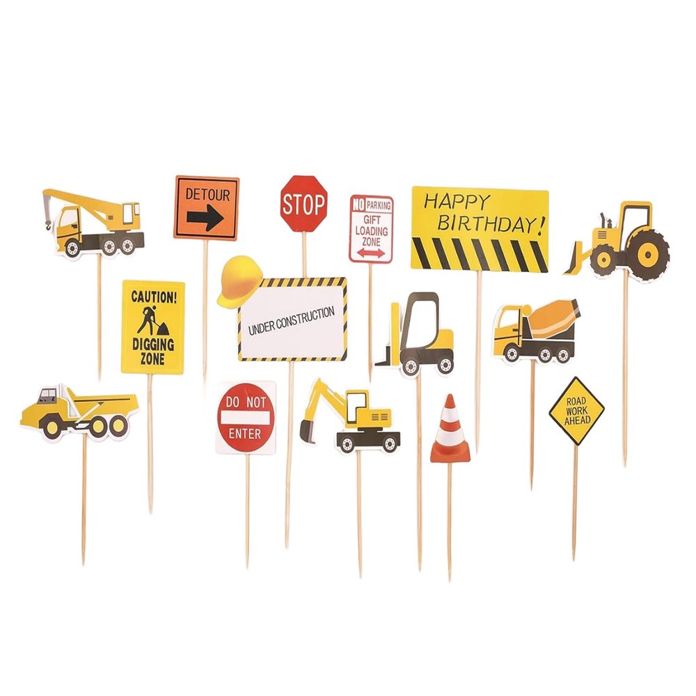 15 pcs Construction Themed Cupcake Toppers Dump Truck Tractor Excavator Car Construction Sign Decorations for Birthday Party Supplies