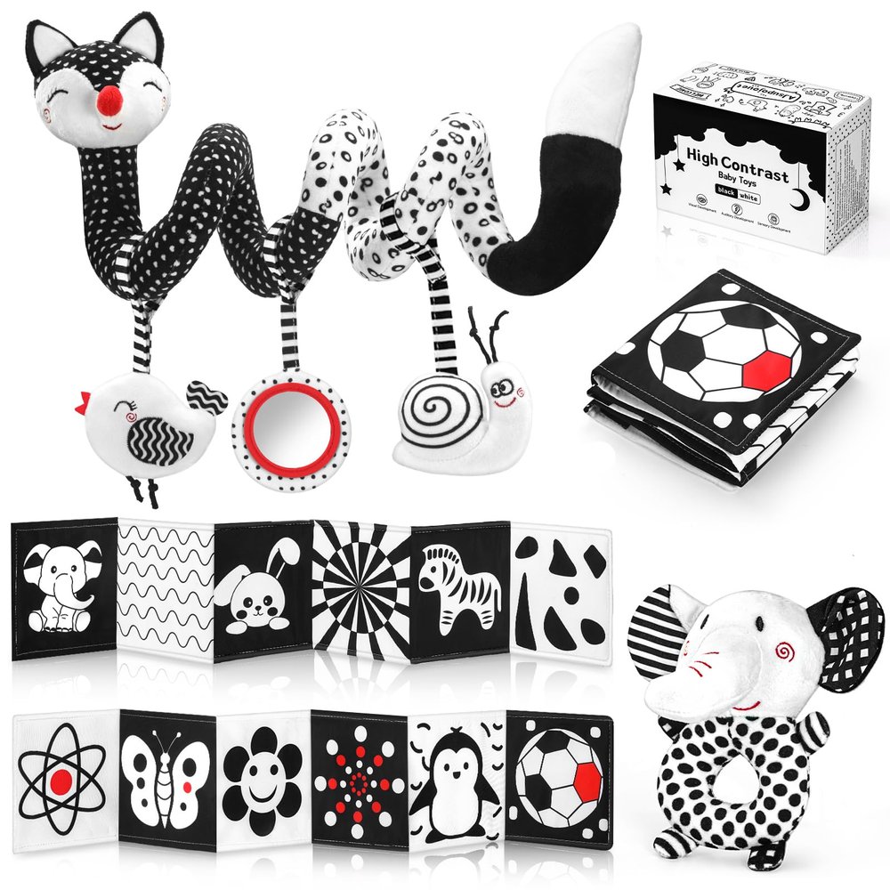 AJsupojouet High Contrast Black and White Baby Toys 3-Piece Newborn Essentials Set with Hanging Toys,Rattle Crib Mobile,baby Book & Car Seat Stroller Toys for 0-3-6-12 Months Infant Development