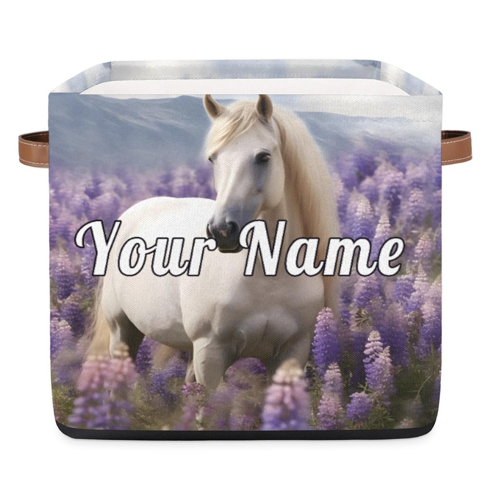 Personalized Storage Cube Bin with Name,Art Painting Lavender White Horse Customize Storage Baskets with Handles,Laundry Toy Oraganizer for Closet Shelf Nursery Kids Bedroom