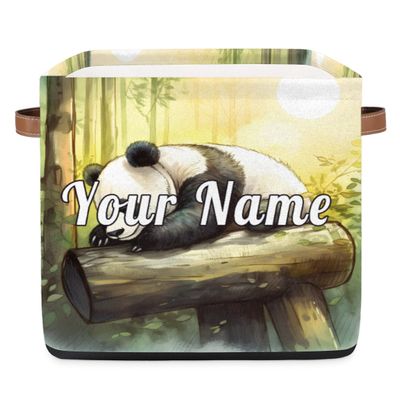 Personalized Storage Cube Bin with Name,Watercolor Animal Panda Customize Storage Baskets with Handles,Laundry Toy Oraganizer for Closet Shelf Nursery Kids Bedroom