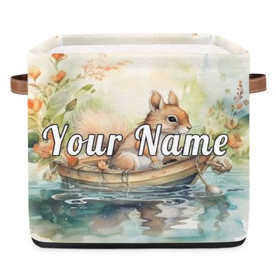 Personalized Storage Cube Bin with Name,Animal Squirrel Customize Storage Baskets with Handles,Laundry Toy Oraganizer for Closet Shelf Nursery Kids Bedroom