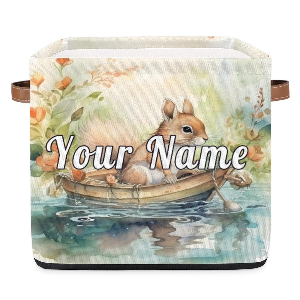 Personalized Storage Cube Bin with Name,Animal Squirrel Customize Storage Baskets with Handles,Laundry Toy Oraganizer for Closet Shelf Nursery Kids Bedroom