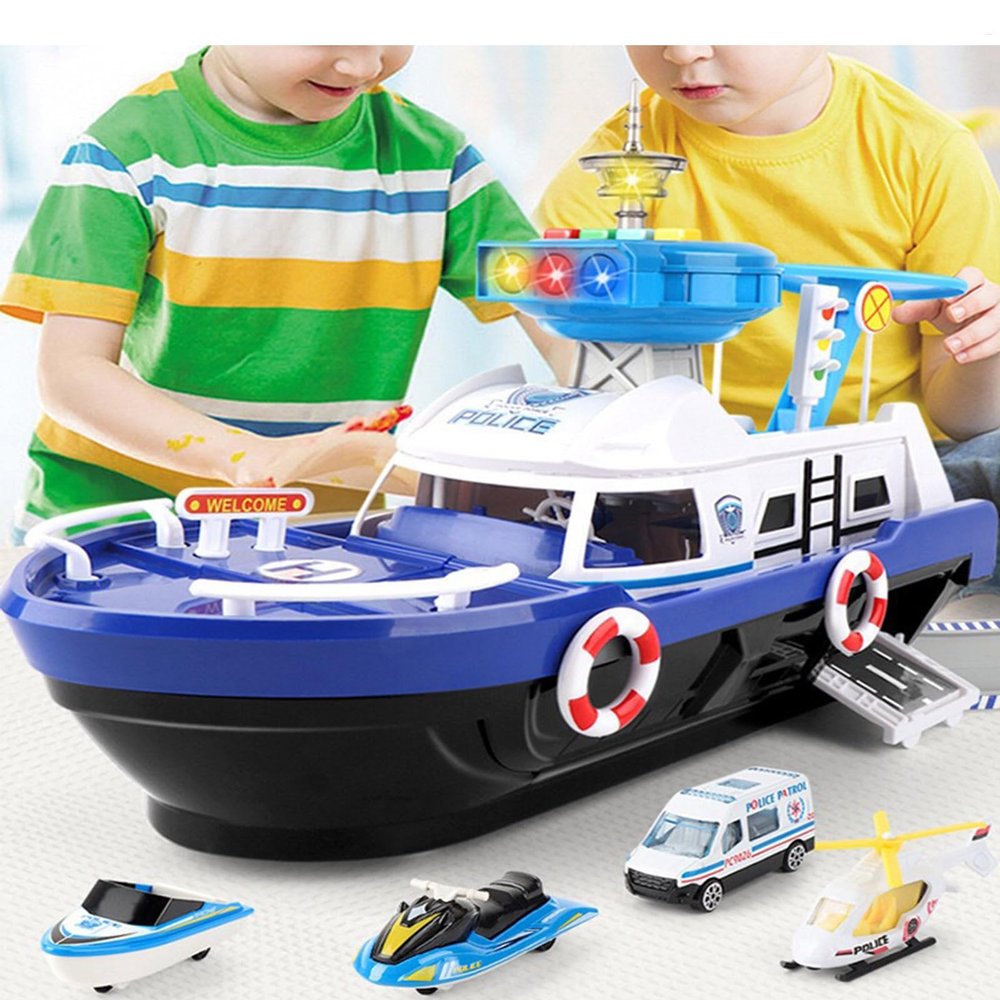 FARDAS Boat Ship Toy Police Car Toy & Trucks,Helicopter Toys with Sounds and Lights,Birthday Gift for Boys Girls (Blue)