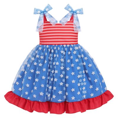4th of July Baby Girls Dress Toddler Independence Day Dress up Costume Sleeveless Blue and Red Stars Tulle Tutu Dress Smocked Princess Party Dress First Birthday Outfit Red Blue 18-24 Months