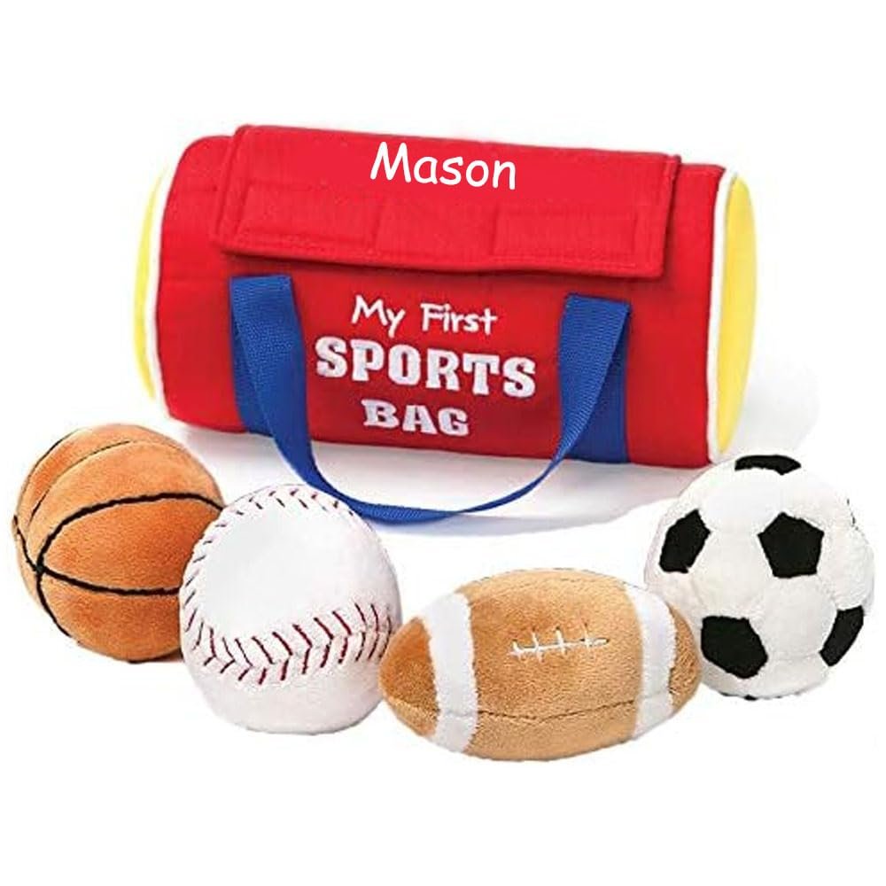 Baby Playset - Sports Ball Gym Bag Playset - Plush Soft Crinkle Rattle Toys Set with Custom Name