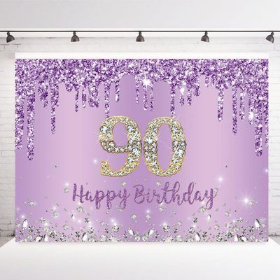INRUI Purple Happy 90th Birthday Photography Background Girls Sweet Ninety Years Old Birthday Party Decorations Backdrop 7x5FT