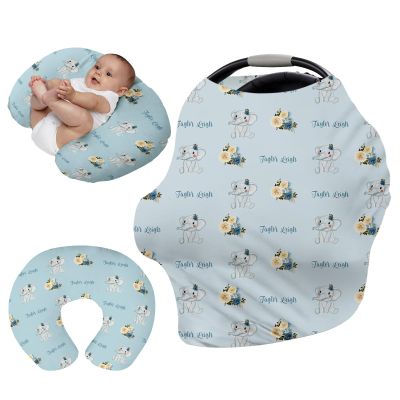 Personalised Car Seat Cover for Babies - Multi-use Carseat Canopy Blue Elephant Cover with Name, Car Seat Covers, Christmas Birthday Gifts for Infant Boys and Girls(27"x29")